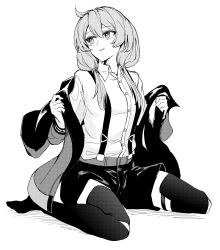 Rule 34 | 1girl, absurdres, arknights, blue poison (arknights), blue poison (elite ii) (arknights), buttons, collared shirt, dress shirt, greyscale, hands up, highres, holding, holding clothes, long sleeves, looking to the side, low twintails, monochrome, purokion katou, removing jacket, shirt, shorts, sitting, smile, solo, suspender shorts, suspenders, thighhighs, twintails, wariza, white background