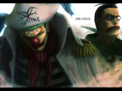 Rule 34 | 2boys, bad id, bad pixiv id, blood, buggy the clown, clown nose, copyright name, dark, galdino, glasses, hat, highres, male focus, meta gun, multiple boys, nosebleed, one piece, red nose, serious