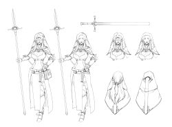 Rule 34 | 1girl, absurdres, animal ears, book, breasts, executioner&#039;s sword, full body, greyscale, high heels, highres, holding, holding polearm, holding spear, holding weapon, hood, large breasts, less, lineart, long hair, looking at viewer, mask, monochrome, multiple views, open mouth, original, polearm, rabbit ears, rabbit girl, spear, standing, sword, teeth, weapon