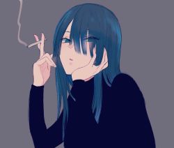Rule 34 | 1girl, aoe nagi, black sweater, cigarette, eyes visible through hair, grey background, hair over one eye, hand on own face, holding, holding cigarette, long hair, looking at viewer, minenami ryou, mole, mole under eye, parted lips, shounen no abyss, simple background, sketch, smoke, smoking, solo, sweater, turtleneck, turtleneck sweater, upper body