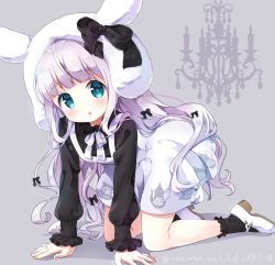 Rule 34 | 1girl, absurdres, all fours, animal ears, animal hat, aqua eyes, black bow, black ribbon, black shirt, black socks, blunt bangs, blush, bow, chestnut mouth, commentary request, dated, dress, fingernails, frilled sleeves, frills, grey background, hair bow, hat, head tilt, highres, long hair, long sleeves, looking at viewer, neki (wakiko), original, parted lips, print dress, puffy long sleeves, puffy sleeves, purple hair, rabbit ears, rabbit hat, ribbon, shirt, simple background, socks, solo, twitter username, very long hair, white dress, white footwear, white hat, white ribbon