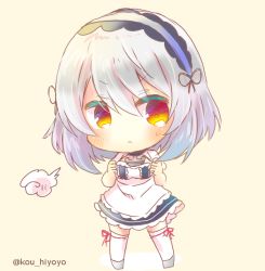 Rule 34 | apron, azur lane, beige background, black dress, blush, chibi, clenched hands, closed mouth, dress, full body, grey hairband, hair between eyes, hairband, hands up, kou hiyoyo, looking at viewer, puffy short sleeves, puffy sleeves, red eyes, short sleeves, silver hair, sirius (azur lane), solo, standing, thighhighs, twitter username, white apron, white thighhighs