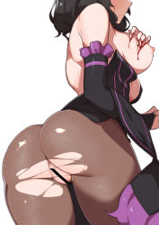Rule 34 | 1girl, ass, black hair, breasts, censored, elsa granhilte, female focus, from behind, head out of frame, highres, long hair, morisobo, nipples, one breast out, pussy, re:zero kara hajimeru isekai seikatsu, simple background, solo, torn clothes, torn legwear, white background