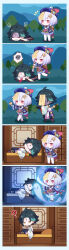 Rule 34 | 1boy, 1girl, 6koma, ?, absurdres, ahoge, bell, black footwear, black gloves, blue dress, blue headwear, blush, chibi, comic, commentary request, cropped jacket, day, dress, facial mark, finger to mouth, flying sweatdrops, forehead, forehead mark, genshin impact, ghost, gloves, grey hair, hair between eyes, hair ornament, hat, highres, holding, holding bell, holding sword, holding weapon, jacket, jiangshi, long sleeves, lying, notice lines, ofuda, on stomach, outdoors, outstretched arms, pantyhose, parted lips, purple jacket, qingdai guanmao, qiqi (genshin impact), red eyes, shoes, spoken skull, squiggle, stab, standing, sword, tree, tsubasa tsubasa, wavy mouth, weapon, white pantyhose, white sleeves, wide sleeves, xiao (genshin impact)