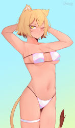 Rule 34 | 1girl, animal ear fluff, animal ears, aqua background, armpits, arms behind head, arms up, artist name, bikini, blonde hair, blue background, breasts, cat ears, cat girl, cat tail, cleavage, closed mouth, collarbone, commentary, cowboy shot, darahan, english commentary, eyepatch bikini, gradient background, looking at viewer, medium breasts, navel, one eye closed, original, short hair, solo, stomach, strapless, strapless bikini, swimsuit, tail, thigh strap, v-shaped eyebrows, white bikini, yellow eyes