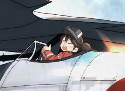 Rule 34 | 10s, 1girl, aircraft, airplane, bad id, bad twitter id, brown hair, cockpit, commentary request, closed eyes, japanese clothes, kantai collection, kariginu, kitsuneno denpachi, open mouth, ryuujou (kancolle), smile, solo, thumbs up, twintails, visor cap