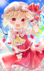 Rule 34 | 1girl, ascot, back bow, blonde hair, blue sky, blush, bow, collared shirt, cowboy shot, crystal, day, fang, flandre scarlet, frilled ascot, frilled shirt collar, frilled skirt, frilled sleeves, frills, happy, hat, hat bow, head tilt, highres, large bow, looking at viewer, mob cap, multicolored wings, nail polish, open mouth, outdoors, pafe yuzuran, pink nails, puffy short sleeves, puffy sleeves, red bow, red eyes, red ribbon, red skirt, red vest, ribbon, ribbon-trimmed headwear, ribbon trim, shirt, short sleeves, skin fang, skirt, skirt set, sky, sleeve bow, smile, solo, sunlight, touhou, vest, white bow, white hat, white shirt, wings, wrist cuffs, yellow ascot