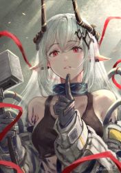 Rule 34 | 1girl, arknights, bare shoulders, black gloves, black tank top, coat, collarbone, crop top, ear piercing, ears visible through hair, gloves, grey background, grey coat, grey hair, hair in own mouth, hair ornament, hammer, hands up, highres, holding, holding hammer, holding weapon, horns, index finger raised, infection monitor (arknights), light rays, long hair, looking at viewer, making-of available, material growth, mudrock (arknights), mudrock (elite ii) (arknights), off shoulder, oripathy lesion (arknights), parted lips, piercing, pointy ears, red eyes, red ribbon, ribbon, runemill, sledgehammer, solo, sunbeam, sunlight, tank top, teeth, translucent hair, twitter username, upper body, weapon