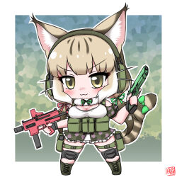 Rule 34 | 1girl, animal ears, belt, boots, camouflage, cat ears, cat girl, cat tail, closed mouth, extra ears, fingerless gloves, gloves, green eyes, grey hair, gun, headphones, highres, jungle cat (kemono friends), kemono friends, kemono friends v project, long hair, looking at viewer, mabuta (mbt), microphone, ribbon, shirt, simple background, skirt, solo, tail, twintails, virtual youtuber, weapon