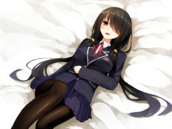 Rule 34 | 10s, 1girl, black hair, blush, date a live, hair over one eye, jacket, long hair, looking at viewer, lying, on back, on bed, open mouth, pantyhose, pleated skirt, red eyes, school uniform, skirt, solo, tokisaki kurumi, twintails, uttt, very long hair