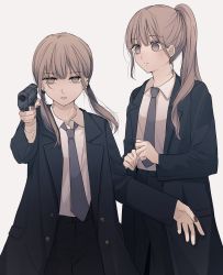 Rule 34 | 2girls, bad id, bad twitter id, black jacket, black neckwear, black pants, brown eyes, brown hair, closed mouth, collared shirt, commentary request, grey background, gun, half-closed eyes, handgun, highres, holding, holding gun, holding weapon, jacket, long hair, low twintails, multiple girls, necktie, open clothes, open jacket, original, pants, parted lips, pistol, ponytail, shirt, simple background, tsuruse, twintails, weapon, weapon request, white shirt