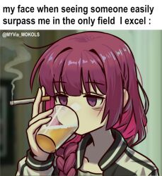 Rule 34 | 1girl, alcohol, bags under eyes, beer, between fingers, blunt bangs, blurry, blurry background, bocchi the rock!, braid, cigarette, commentary, cup, dress, drinking, empty eyes, english text, green dress, hiroi kikuri, holding, holding cigarette, holding cup, image macro (meme), indoors, jacket, long hair, meme, multicolored clothes, multicolored jacket, myjet, portrait, purple hair, single braid, smoke, smoking, solo, twitter username, two-tone jacket