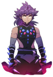 Rule 34 | 1boy, bare shoulders, black bodysuit, black gloves, bodysuit, clenched hands, closed mouth, commentary, creatures (company), dark-skinned male, dark skin, dede (qwea 00000), detached sleeves, facial hair, fingerless gloves, game freak, gem, gloves, glowing, leon (pokemon), leon (sygna suit) (pokemon), long hair, male focus, nintendo, official alternate costume, pokemon, pokemon masters ex, purple hair, smile, solo, symbol-only commentary, white background, yellow eyes