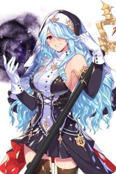 Rule 34 | 1girl, alkyde (soccer spirits), armpits, black dress, black skirt, black thighhighs, blue gloves, blush, breasts, cowboy shot, detached collar, dress, drill hair, elbow gloves, empew, garter straps, gloves, grin, habit, hair over one eye, hands up, highres, holding, holding staff, large breasts, long dress, long hair, looking at viewer, nun, official art, parted lips, pleated skirt, purple eyes, resized, sideboob, skirt, sleeveless, smile, soccer spirits, solo, staff, standing, teeth, thighhighs, transparent background, turtleneck, upscaled, very long hair, wavy hair, white gloves