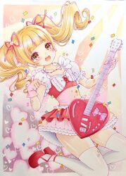 Rule 34 | 1girl, aisaki emiru, blonde hair, blunt bangs, blush, bow, commentary request, confetti, dress, earrings, frills, gloves, guitar, heart, heart earrings, holding, holding guitar, holding instrument, hugtto! precure, instrument, jewelry, lilylily0601, looking at viewer, magical girl, open mouth, orange eyes, pink gloves, precure, puffy sleeves, red bow, red footwear, red ribbon, ribbon, short sleeves, smile, solo, thighhighs, twintails