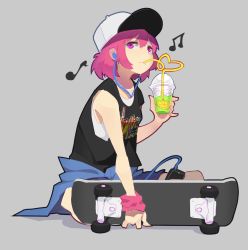 Rule 34 | 1girl, absurdres, bad id, bad twitter id, cellphone, coat, unworn coat, cup, drink, drinking, earrings, food, fps xilou, fruit, grey background, hair between eyes, hat, highres, holding, holding cup, holding drink, holding skateboard, inactive account, jewelry, lemon, lemon slice, listening to music, looking away, music, original, phone, pink eyes, pink hair, shirt, simple background, sitting, skateboard, smoothie, solo, wristband