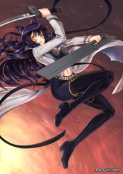 Rule 34 | 1girl, adsouto, animal ears, blake belladonna, cat ears, dual wielding, gloves, highres, holding, holding sword, holding weapon, knife, long hair, looking at viewer, rwby, solo, sword, thighhighs, weapon