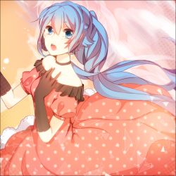 Rule 34 | 1girl, bad id, bad pixiv id, blue eyes, blue hair, choker, dress, elbow gloves, gloves, hand on own chest, hatsune miku, hiiro, long hair, matching hair/eyes, open mouth, solo, very long hair, vocaloid