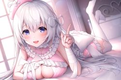 Rule 34 | 1girl, blush, bow-shaped hair, breasts, character request, copyright request, dress, frilled dress, frills, halterneck, hat, index finger raised, indoors, large breasts, legs up, looking at viewer, lying, on stomach, oyuwari, solo, thighhighs, virtual youtuber, white thighhighs