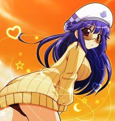 Rule 34 | 1girl, arin, beret, breasts, chirorian, covered erect nipples, glasses, hat, large breasts, long hair, looking at viewer, pangya, panties, parted lips, purple hair, red eyes, solo, sweater, underwear