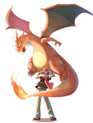 Rule 34 | 1boy, belt, blue eyes, breath weapon, brown eyes, charizard, claws, closed mouth, colored skin, commentary request, creatures (company), denim, dragon wings, fire, flying, full body, game freak, gen 1 pokemon, hat, highres, index finger raised, jeans, male focus, momdy (talesshinja), nintendo, open mouth, orange skin, pants, pointing, pokemon, pokemon (creature), pokemon frlg, red (pokemon), red headwear, sharp teeth, simple background, standing, tail, teeth, white background, wings