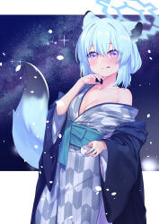 Rule 34 | 1girl, absurdres, animal ears, bath yukata, blue archive, blue halo, blush, breasts, cleavage, closed mouth, cup, fingernails, green hair, grey kimono, halo, highres, holding, holding cup, japanese clothes, kimono, long sleeves, looking at viewer, medium breasts, medium hair, nail polish, obi, official alternate costume, poppy (poppykakaka), purple eyes, purple nails, sash, shigure (blue archive), shigure (hot spring) (blue archive), solo, tail, tongue, tongue out, weasel ears, weasel tail, wide sleeves, yukata
