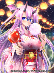 Rule 34 | 1girl, blue eyes, breasts, candy apple, cotton candy, female focus, food, head wings, horns, japanese clothes, kimono, large breasts, long hair, one side up, pochadon, pointy ears, purple hair, seiten ragnarok, solo, wings