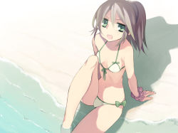 Rule 34 | 1girl, bad id, bad pixiv id, bare shoulders, beach, bikini, blush, brown hair, flat chest, from above, front-tie top, green eyes, looking up, navel, open mouth, original, ponytail, rugo, scrunchie, side-tie bikini bottom, sitting, solo, swimsuit, thighs