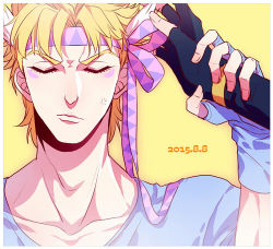 Rule 34 | 10s, 1boy, 2015, blonde hair, caesar anthonio zeppeli, facial mark, feather hair ornament, feathers, feather hair ornament, hair ribbon, headband, jojo no kimyou na bouken, lowres, male focus, rena (renasight), ribbon, simple background, solo, solo focus