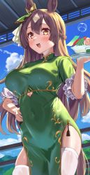 Rule 34 | 1girl, :d, absurdres, alternate costume, animal ears, blush, braid, breasts, brown eyes, brown hair, china dress, chinese clothes, dress, ear ornament, from below, green dress, hair between eyes, half updo, highres, hiyashi chuuka, holding, holding tray, horse ears, horse girl, horse tail, large breasts, long hair, mikumo (lpmkookm), multicolored hair, open mouth, satono diamond (umamusume), short sleeves, smile, solo, tail, thighhighs, tray, umamusume, white hair, white thighhighs