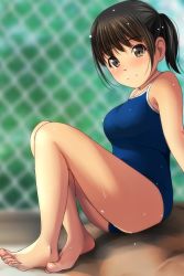 Rule 34 | 1girl, absurdres, bare legs, bare shoulders, barefoot, black hair, blue one-piece swimsuit, blurry, blurry background, blush, breasts, brown eyes, chain-link fence, closed mouth, collarbone, competition school swimsuit, day, depth of field, feet, fence, highres, knees up, legs, matsunaga kouyou, medium breasts, nose blush, one-piece swimsuit, original, outdoors, ponytail, school swimsuit, sitting, smile, solo, swimsuit, thighs