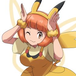 Rule 34 | 1girl, :3, arms up, blunt bangs, blush, breasts, brown eyes, closed mouth, commentary request, creatures (company), dress, eyelashes, game freak, hairband, highres, looking at viewer, nintendo, one eye closed, orange hair, pikala, pokemon, pokemon (anime), pokemon ears, pokemon sm (anime), pokemon tail, saon101, scrunchie, shirt, short hair, short sleeves, smile, solo, tail, white background, wrist scrunchie, yellow dress, yellow hairband