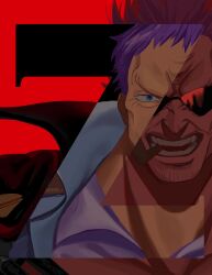 Rule 34 | 1boy, absurdres, character name, facial hair, highres, looking at viewer, male focus, one piece, one piece film: z, open mouth, pipe in mouth, purple hair, red background, short hair, smile, smoking, smoking pipe, solo, sunglasses, teeth, yao yasan, zephyr (one piece)