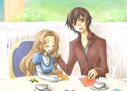 Rule 34 | 00s, 1boy, 1girl, blind, brother and sister, brown hair, chair, code geass, cup, closed eyes, lelouch vi britannia, long hair, lowres, mecco, nunnally vi britannia, open mouth, origami, paper crane, plate, short hair, siblings, sitting, table, teacup
