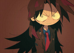 Rule 34 | 1boy, blazer, blue shirt, brown background, brown hair, brown jacket, clenched teeth, collared shirt, commentary request, crying, crying with eyes open, formal, ichijou seiya, jacket, kaiji, long hair, long sleeves, looking at viewer, male focus, medium bangs, necktie, parted bangs, red necktie, shirt, solo, suit, suzuka g, tears, teeth, upper body, v-shaped eyebrows, white eyes