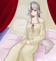 Rule 34 | 1girl, alternate costume, animal ears, bed, bed sheet, black hair, cat neko cat, closed mouth, feet out of frame, female focus, fire emblem, fire emblem fates, grey hair, highres, long hair, multicolored hair, nintendo, on bed, pillow, red eyes, sitting, sleepwear, smile, solo, streaked hair, tail, velouria (fire emblem), wolf ears, wolf girl, wolf tail