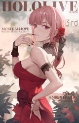 Rule 34 | 1girl, absurdres, black wrist cuffs, breasts, cover, dress, english text, finger to mouth, flower, gum shrew, hair flower, hair ornament, hand on own hip, highres, hololive, hololive english, looking at viewer, magazine cover, medium breasts, mori calliope, mori calliope (party dress), nail polish, pink hair, red dress, red flower, red rose, rose, sideboob, skull, solo, virtual youtuber, wrist cuffs