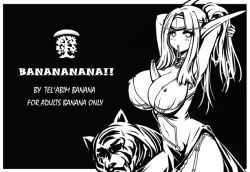 Rule 34 | 1girl, armpits, banana, between breasts, blush, breasts, cleavage, dress, elf, english text, engrish text, covered erect nipples, food, fruit, greyscale, huge breasts, jewelry, monochrome, mouth hold, nefarian, pointy ears, ranguage, solo, tiara, tiger, tyrande whisperwind, warcraft, world of warcraft