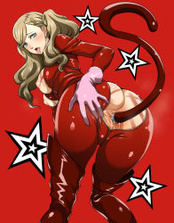 Rule 34 | 10s, 1girl, anal, anal object insertion, anal tail, ass, blonde hair, blue eyes, blush, bodysuit, breasts, breasts out, butt plug, cat tail, earrings, fake tail, gloves, highres, jewelry, looking at viewer, monpuchi, nipples, object insertion, persona, persona 5, pink gloves, red background, saliva, sex toy, simple background, solo, star (symbol), tail, takamaki anne, teeth, tongue, tongue out, twintails