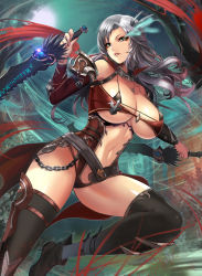 Rule 34 | 1girl, aqua eyes, bare shoulders, belt, bra, breasts, chain, cleavage, collarbone, detached sleeves, dual wielding, hair ornament, highres, holding, huge breasts, jewelry, kisina, leg up, long hair, looking at viewer, moon, navel, necklace, original, parted lips, silver hair, solo, sparkle, sword, thighhighs, tree, underboob, underwear, weapon