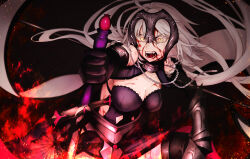 Rule 34 | 1girl, armor, armored dress, bare shoulders, black gloves, bleeding, bleeding from forehead, blood, breasts, chain, cleavage, clothing cutout, elbow gloves, fangs, fate/grand order, fate (series), faulds, fire, gauntlets, gloves, headpiece, highres, injury, jeanne d&#039;arc alter (avenger) (fate), jeanne d&#039;arc alter (avenger) (third ascension) (fate), jeanne d&#039;arc alter (fate), large breasts, long hair, looking at viewer, navel cutout, slit pupils, solo, sumi (gfgf 045), sword, very long hair, weapon, yellow eyes