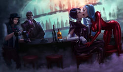 Rule 34 | 2boys, 2girls, bald, bar (place), bayonetta, bayonetta, bayonetta (series), bayonetta 2, beard, bent over, black hair, bodysuit, boots, bottle, commentary, commission, dark-skinned male, dark skin, dominaart, elbow gloves, facial hair, french kiss, glasses, gloves, goggles, goggles on head, hand on another&#039;s thigh, hat, highres, jeanne (bayonetta), kiss, luka redgrave, multiple boys, multiple girls, rodin, short hair, silver hair, smile, smoke, stool, sunglasses, tattoo, thigh boots, thighhighs, white gloves, wine bottle, yuri
