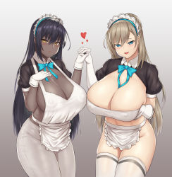 Rule 34 | apron, asuna (blue archive), black hair, blonde hair, blue archive, blue eyes, braid, breast hold, breast lift, breasts, covered erect nipples, cropped legs, crown braid, dark-skinned female, dark skin, elbow gloves, gloves, gradient background, groin, heart, highres, huge breasts, interlocked fingers, karin (blue archive), large breasts, long hair, maid, maid headdress, no panties, pantyhose, simple background, smile, thighhighs, very long hair, waist apron, white gloves, white legwear, yellow eyes, zb (xucz8527)