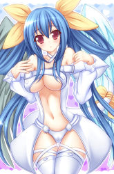 Rule 34 | 1girl, alternate color, alternate costume, arc system works, asymmetrical wings, bad id, bad pixiv id, blue hair, blush, breasts, cameltoe, dizzy (guilty gear), guilty gear, large breasts, long hair, mikan (5555), navel, open mouth, red eyes, ribbon, solo, tail, tail ornament, tail ribbon, thighhighs, wings