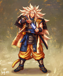 Rule 34 | 1boy, aqua eyes, armor, artist name, baggy pants, blonde hair, commentary, dragon ball, dragon ball (object), dragonball z, guillem dauden, highres, japanese armor, long hair, looking at viewer, male focus, pants, pants tucked in, samurai, sandals, serious, sheath, solo, son goku, spiked hair, super saiyan, super saiyan 3, sword, tail, unsheathing, very long hair, weapon
