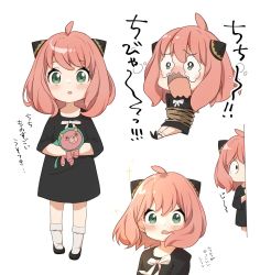 Rule 34 | 1girl, ahoge, anya (spy x family), black dress, blush, bound, child, commentary request, crying, crying with eyes open, director chimera (spy x family), doll, dress, eyelashes, green eyes, hair ornament, highres, holding, holding doll, medium hair, multiple views, nut megu, open mouth, peeking, pink hair, rope, simple background, socks, sparkle, spy x family, stuffed toy, tears, tied up (nonsexual), translation request, white background, white legwear