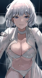 Rule 34 | 1girl, bandaged neck, bandages, bra, breasts, cleavage, collared shirt, dress shirt, girls&#039; frontline, highres, large breasts, looking at viewer, navel, open clothes, open mouth, open shirt, panties, purple eyes, rpk-16 (girls&#039; frontline), rpk-16 (renate) (girls&#039; frontline), shirt, short hair, solokitsune, tile wall, tiles, underwear, wet, white bra, white panties