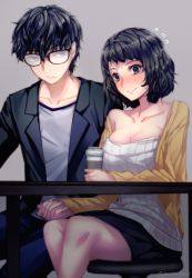 Rule 34 | 10s, 1boy, 1girl, age difference, amamiya ren, black hair, blush, breasts, cleavage, cup, holding hands, hetero, kawakami sadayo, off shoulder, persona, persona 5, short hair, sitting, table, teacher and student, yaoto