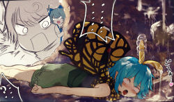 Rule 34 | !, 2girls, after masturbation, antennae, barefoot, blue bow, blue dress, blue hair, blush, bow, brown eyes, butterfly wings, cirno, dress, eternity larva, fairy, green dress, hair bow, heart, highres, insect wings, multicolored clothes, multicolored dress, multiple girls, open mouth, piaki, shirt, short hair, short sleeves, square mouth, tongue, tongue out, touhou, white shirt, wings