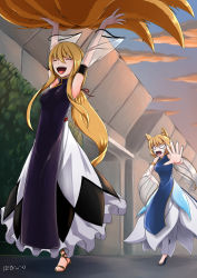 Rule 34 | 2girls, alternate costume, alternate hairstyle, angry, animal ears, armlet, arms up, black footwear, blonde hair, blue sky, breasts, building, chasing, closed eyes, cloud, commentary request, detached sleeves, dress, evening, fangs, fingernails, fox ears, fox tail, hair ribbon, happy, highres, inyuppo, medium breasts, multiple girls, multiple tails, no headwear, outdoors, pants, ribbon, running, sandals, see-through, sharp fingernails, shoes, short hair, sky, sleeveless, sleeveless dress, smile, solid eyes, tabard, tail, tail removed, tongue, touhou, tree, white dress, white pants, wide sleeves, yakumo ran, yakumo yukari